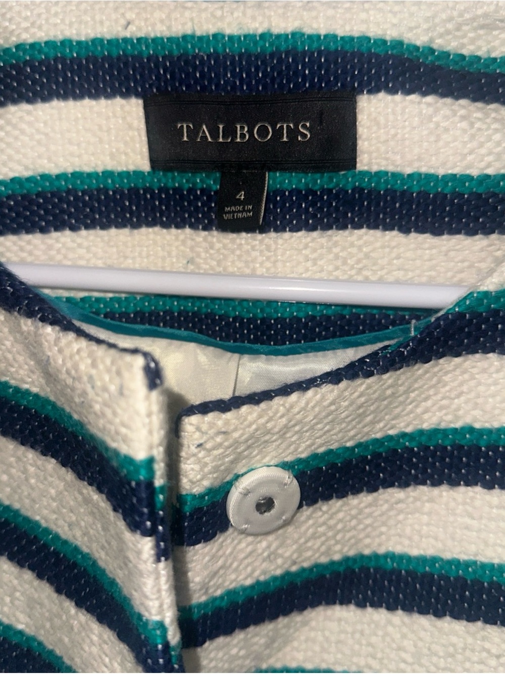 Talbots Navy, Teal & Cream Striped Boxy Cardigan size 4 - Picture 4 of 7